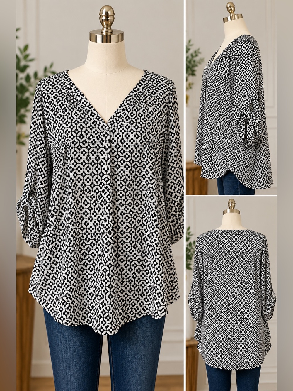 Torrid Harper Black White Geometric Print V Neck Blouse Size 2 2X